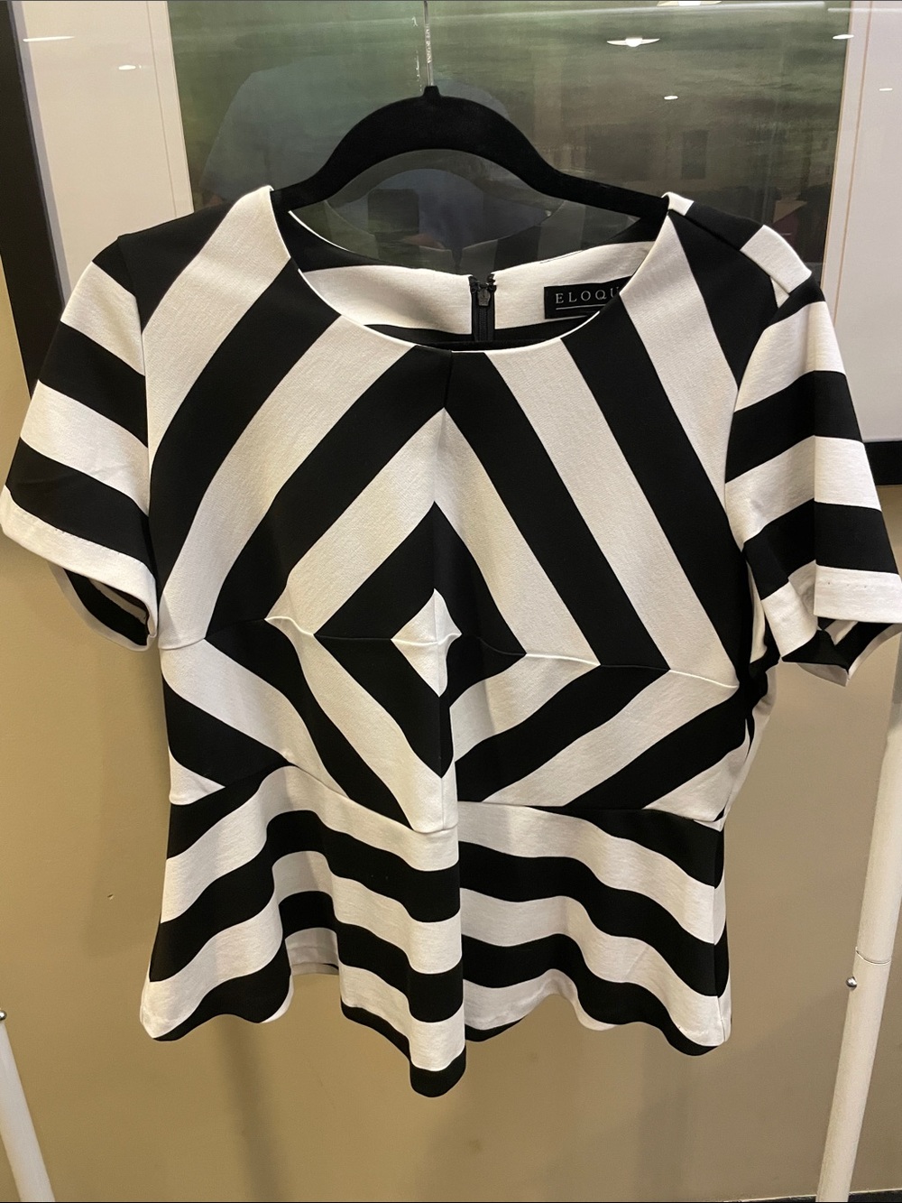 Eloquii Black & White Striped Short Sleeve Peplum Top